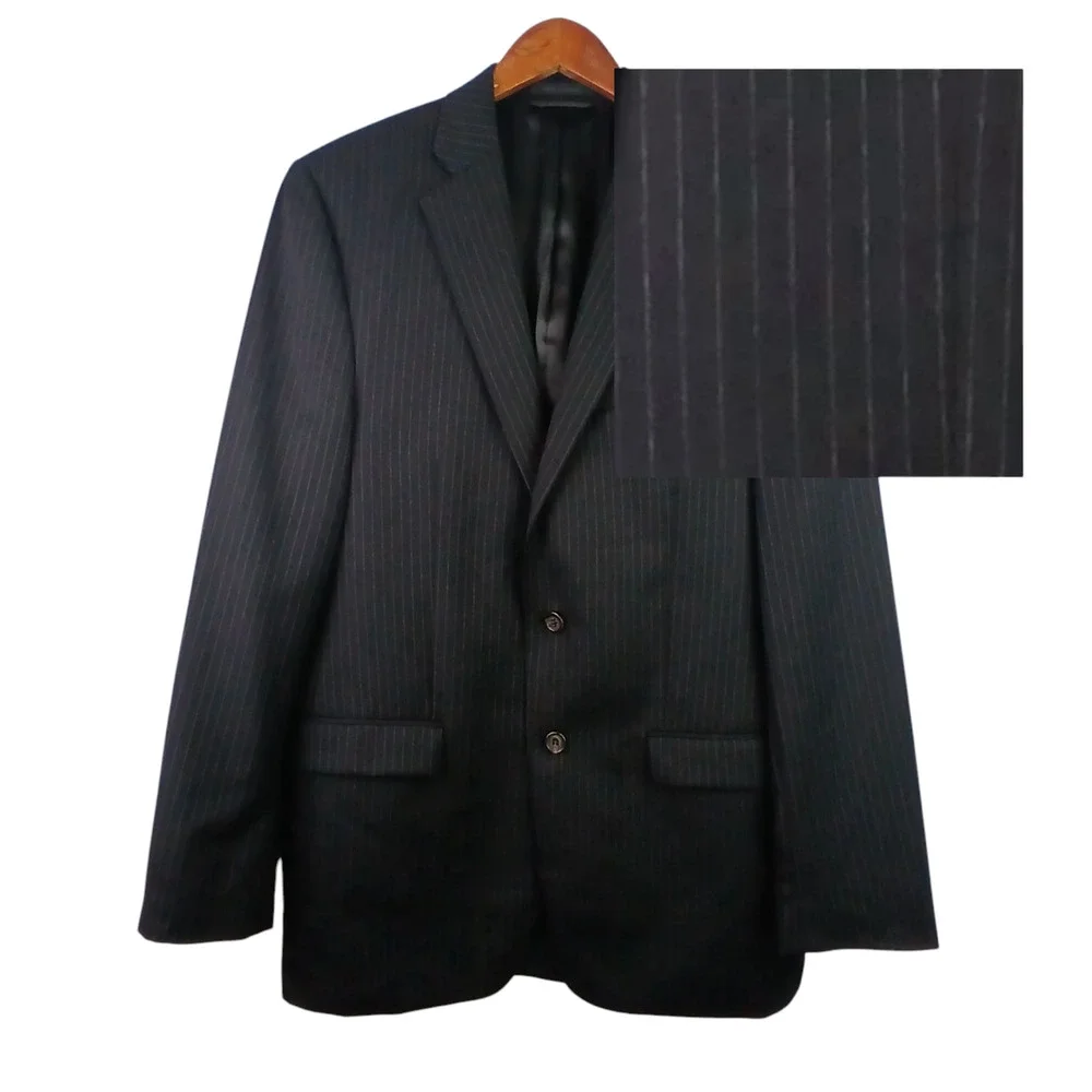 Lauren Ralph Lauren Mens SZ 40L 100% Wool Black Pinstriped 2 Button Blazer